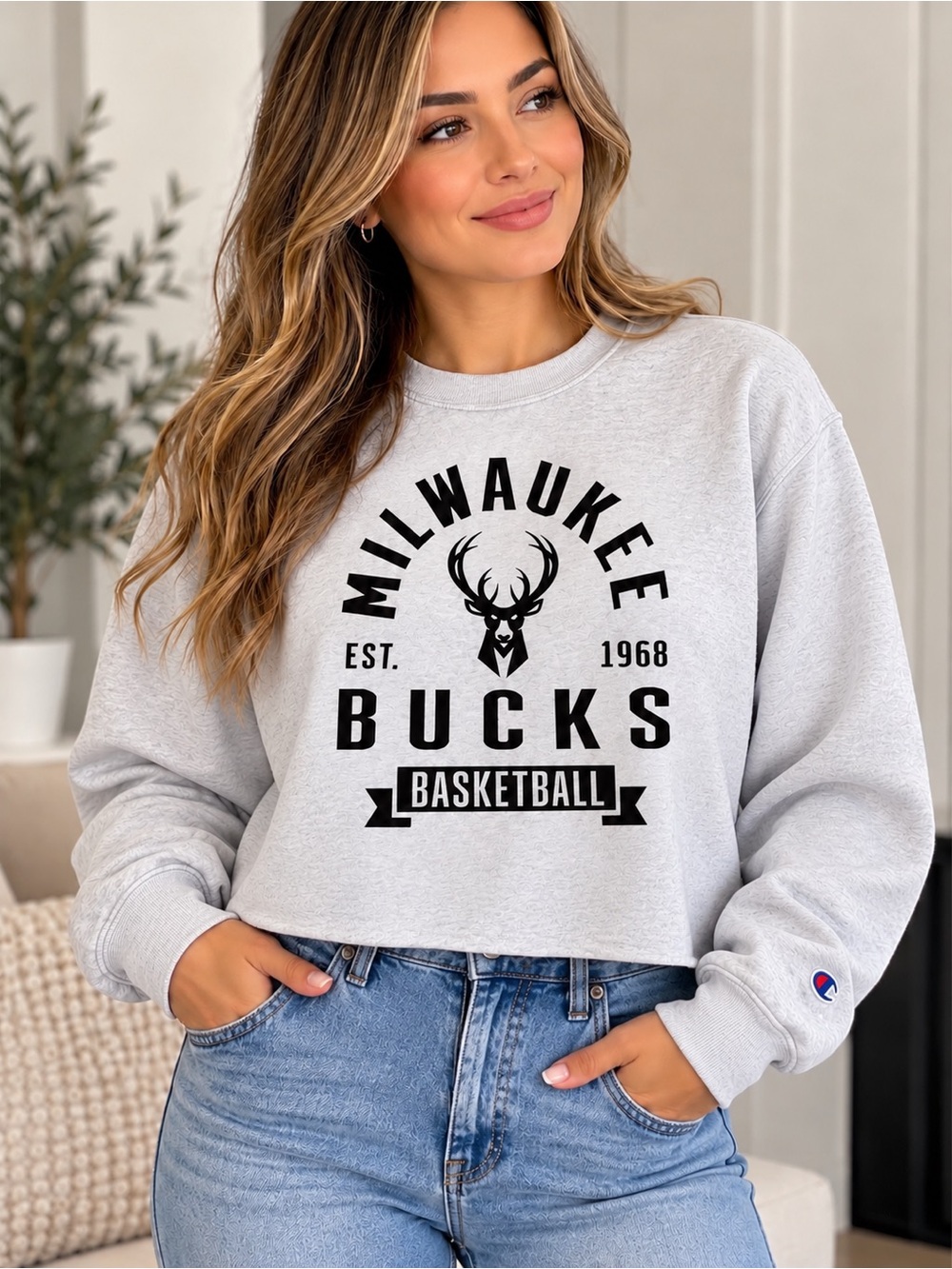 Champion Gray Milwaukee Bucks Cropped Sweatshirt with Black Graphic